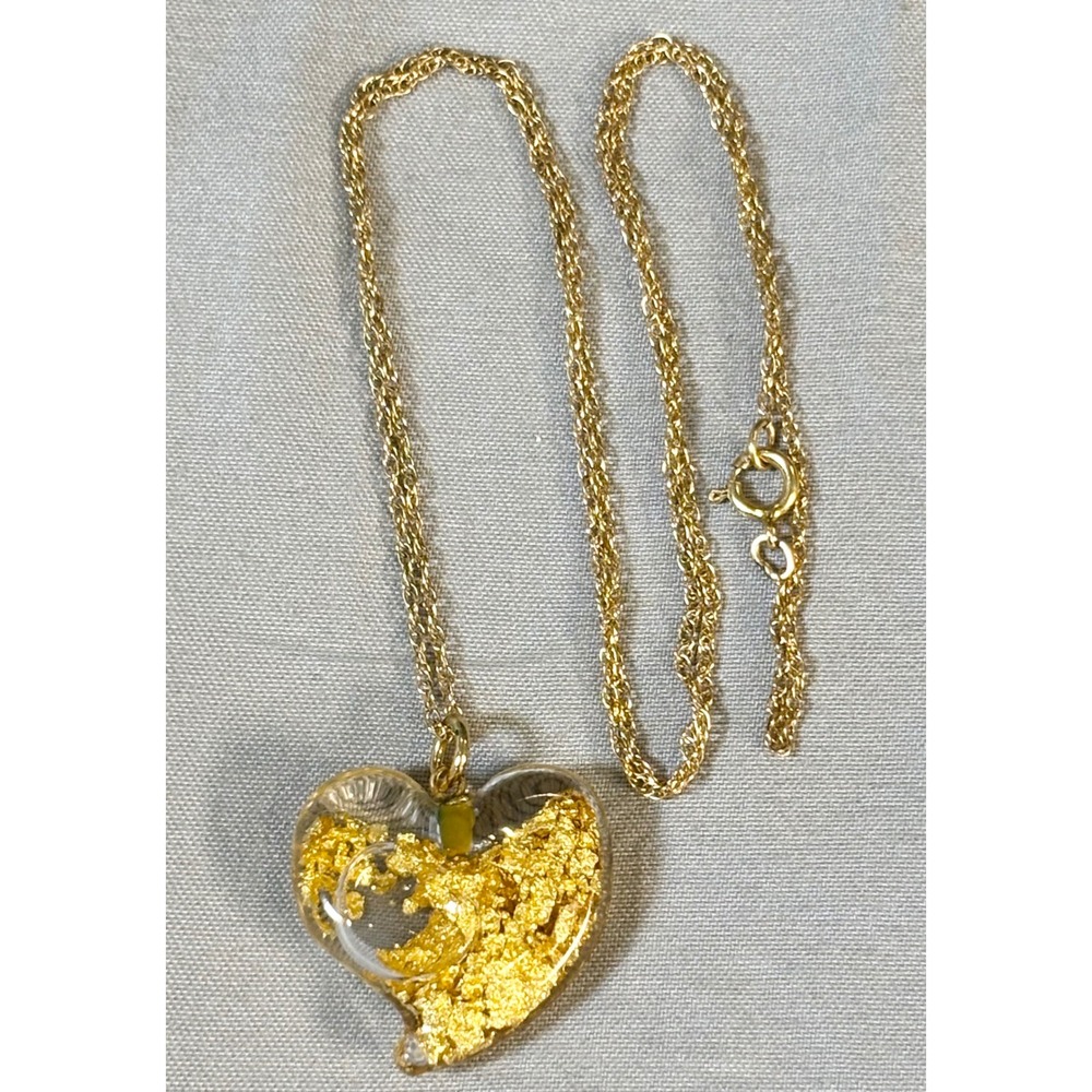Vintage Witches heart pendant floating gold flakes 14kgf love amulet